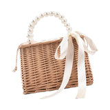 Maxbell 2xSummer Straw Bag Basket Handbag Double Handles for Market Shopping Decor Pearl Handle