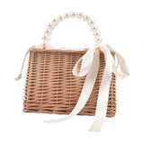 Maxbell 3xSummer Straw Bag Basket Handbag Double Handles for Market Shopping Decor Pearl Handle