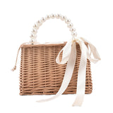Maxbell 2xSummer Straw Bag Basket Handbag Double Handles for Market Shopping Decor Pearl Handle
