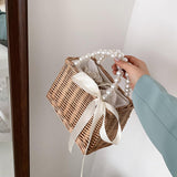 Maxbell 3xSummer Straw Bag Basket Handbag Double Handles for Market Shopping Decor Pearl Handle