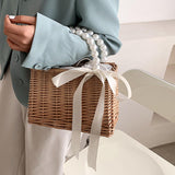 Maxbell 3xSummer Straw Bag Basket Handbag Double Handles for Market Shopping Decor Pearl Handle