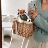 Maxbell 3xSummer Straw Bag Basket Handbag Double Handles for Market Shopping Decor Pearl Handle