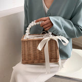 Maxbell 3xSummer Straw Bag Basket Handbag Double Handles for Market Shopping Decor Pearl Handle