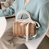 Maxbell 3xSummer Straw Bag Basket Handbag Double Handles for Market Shopping Decor Pearl Handle
