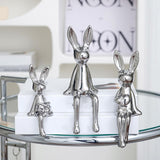 Maxbell 3 Pieces Bunny Family Figurine Rabbit Statues for Indoor Cabinet Living Room Silver