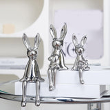 Maxbell 3 Pieces Bunny Family Figurine Rabbit Statues for Indoor Cabinet Living Room Silver