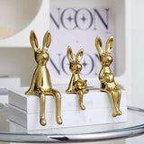 Maxbell 3 Pieces Bunny Family Figurine Rabbit Statues for Indoor Cabinet Living Room Gold