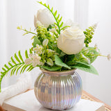 Maxbell Artificial Potted Rose Flower Ceramic Vase Bonsai for Indoor Farmhouse Decor White