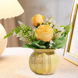 Maxbell Artificial Potted Rose Flower Ceramic Vase Bonsai for Indoor Farmhouse Decor Yellow