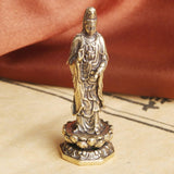Maxbell Mini Guan Yin Statue Standing on Lotus Brass Figurine for Bedroom Decorative