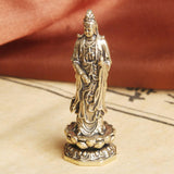 Maxbell Mini Guan Yin Statue Standing on Lotus Brass Figurine for Bedroom Decorative