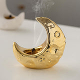 Maxbell Crescent Moon Incense Burner Porcelain Decoration for SPA Office Living Room Gold
