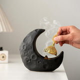 Maxbell Moon Incense Burner Desktop Moon Sculpture for Yoga Office Decor Accessories Black