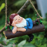 Maxbell Resin Sculpture Hanging Dwarf Figurine Patio Gnome on A Swing Garden Statue