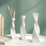 Maxbell 3x Plant Pot Slender Geometric Planter Farmhouse Ceramic Twisted Flower Vase White