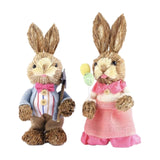 Maxbell 2Pcs Straw Woven Bunny Decoration Bunny Couple Statue for Garden Office Home