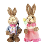 Maxbell 2Pcs Straw Woven Bunny Decoration Bunny Couple Statue for Garden Office Home