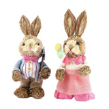 Maxbell 2Pcs Straw Woven Bunny Decoration Bunny Couple Statue for Garden Office Home