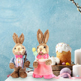 Maxbell 2Pcs Straw Woven Bunny Decoration Bunny Couple Statue for Garden Office Home