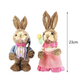 Maxbell 2Pcs Straw Woven Bunny Decoration Bunny Couple Statue for Garden Office Home
