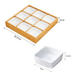 Maxbell Maxbell Bamboo Fruit Tray with Ceramic White Bowls Food Tray for Office Home Camping 30.5x30.5x5cm 9 compartments