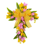 Easter Cross Wreath Front Door Tulip Wreath Holiday Artificial Flower Wreath Pink Yellow Flowers