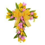 Easter Cross Wreath Front Door Tulip Wreath Holiday Artificial Flower Wreath Pink Yellow Flowers