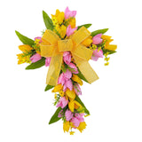 Easter Cross Wreath Front Door Tulip Wreath Holiday Artificial Flower Wreath Pink Yellow Flowers