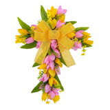 Easter Cross Wreath Front Door Tulip Wreath Holiday Artificial Flower Wreath Pink Yellow Flowers