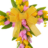 Easter Cross Wreath Front Door Tulip Wreath Holiday Artificial Flower Wreath Pink Yellow Flowers