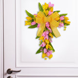 Easter Cross Wreath Front Door Tulip Wreath Holiday Artificial Flower Wreath Pink Yellow Flowers