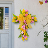 Easter Cross Wreath Front Door Tulip Wreath Holiday Artificial Flower Wreath Pink Yellow Flowers