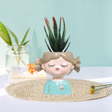 Maxbell Girl Flower Pot Decors Indoor Plants Resin Statue for Office Kitchen Desktop Blue Clothes