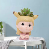 Maxbell Girl Face Flower Pot Gift Cute Resin Planter for Bookshelf Living Room Style A