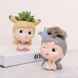 Maxbell Girl Face Flower Pot Gift Cute Resin Planter for Bookshelf Living Room Style A