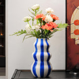 Maxbell Painted Striped Ceramic Vase Centerpiece for Bookshelf Wedding Room Entrance Blue