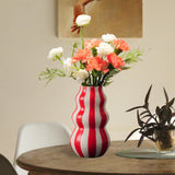 Maxbell Painted Striped Ceramic Vase Centerpiece for Bookshelf Wedding Room Entrance Red