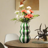 Maxbell Painted Striped Ceramic Vase Centerpiece for Bookshelf Wedding Room Entrance Green
