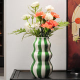 Maxbell Painted Striped Ceramic Vase Centerpiece for Bookshelf Wedding Room Entrance Green