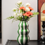 Maxbell Painted Striped Ceramic Vase Craft Home Decor for Cabinet Living Room Office Green