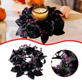 Maxbell Halloween Black Artificial Rose Candle Ring ID 7.5cm Versatile Floral Wreath