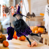 Maxbell Halloween Hanging Witch on Broom Tree Prop Party Bar Flying Witch Wall Decor Violet