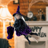 Maxbell Halloween Hanging Witch on Broom Tree Prop Party Bar Flying Witch Wall Decor Violet
