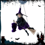 Maxbell Halloween Hanging Witch on Broom Tree Prop Party Bar Flying Witch Wall Decor Violet