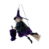 Maxbell Halloween Hanging Witch on Broom Tree Prop Party Bar Flying Witch Wall Decor Violet