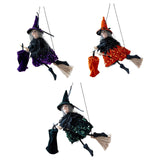 Maxbell Halloween Hanging Witch on Broom Tree Prop Party Bar Flying Witch Wall Decor Violet