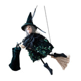 Maxbell Halloween Hanging Witch on Broom Tree Prop Party Bar Flying Witch Wall Decor Green