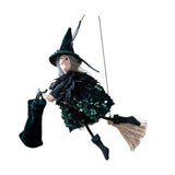Maxbell Halloween Hanging Witch on Broom Tree Prop Party Bar Flying Witch Wall Decor Green