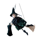 Maxbell Halloween Hanging Witch on Broom Tree Prop Party Bar Flying Witch Wall Decor Green