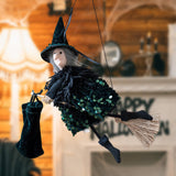 Maxbell Halloween Hanging Witch on Broom Tree Prop Party Bar Flying Witch Wall Decor Green